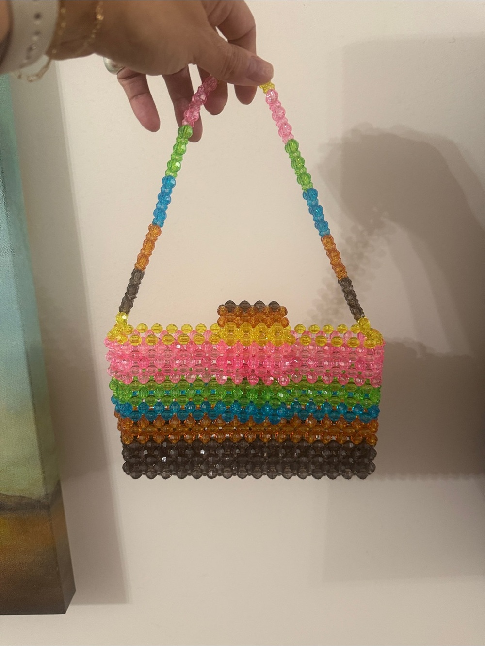 Susanna Chow Beaded Rainbow Handbag - Pink, Green, Blue, Yellow, Brown